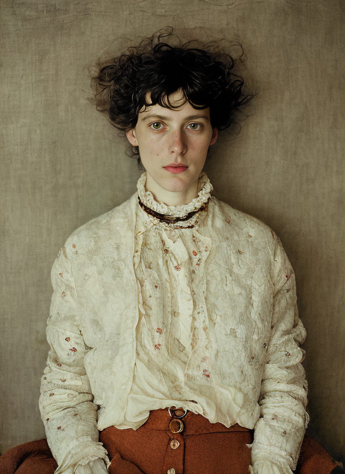 A medium length studio portrait of an androgynous looking subject with short curly hair wearing a structured patterned shirt