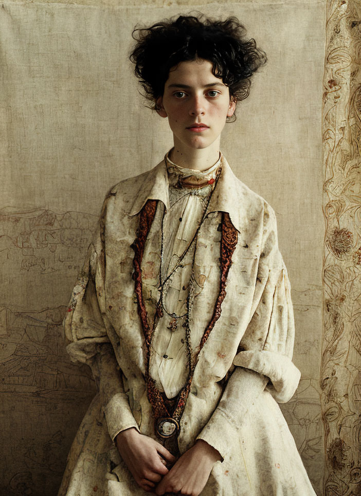 A medium length studio portrait of an androgynous looking subject with short curly hair wearing a layered structured overshirt and a decorative necklace